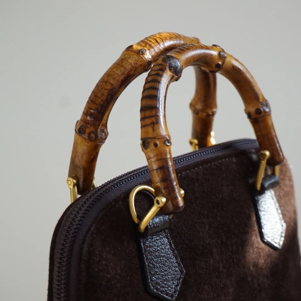 “Gucci” 80’s Brown Suede Mini Vintage Bamboo Handbag - Picture 2 of 10